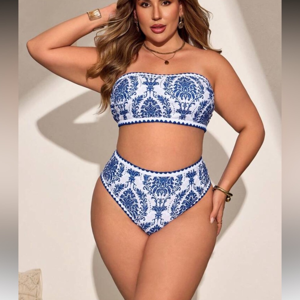 Blue Damask Bandeau High-Waist Bikini — Women Swim